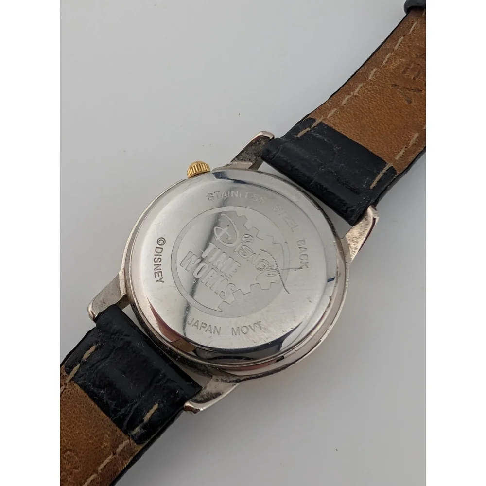 Disney Time Works Mickey Mouse Watch Women‎ Black Leather Band- New Battery
